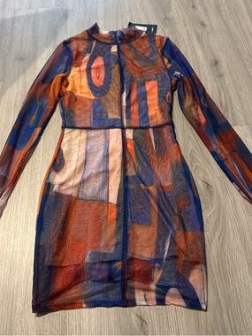 Abstract Mesh Long Sleeve Mini Dress in Blue & Orange